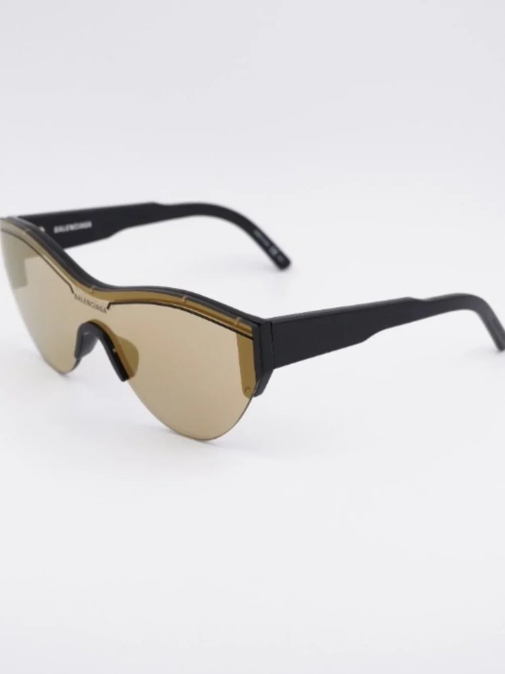Balenciaga BB0004S 006 Sunglasses Black Shield Frame, Gold Mirror Lenses